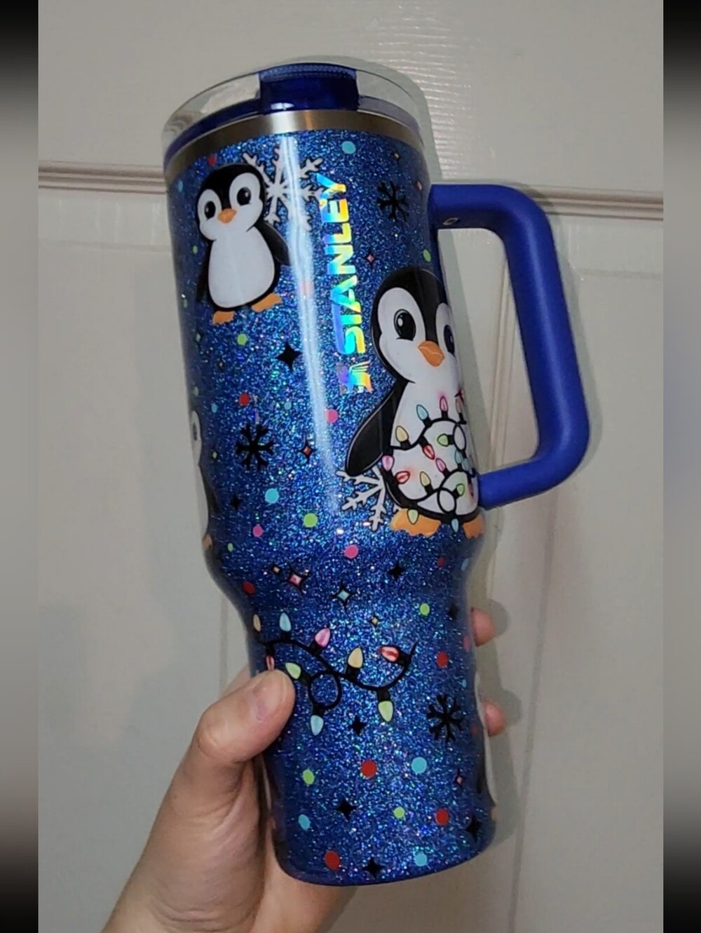 Stanley Blue Glitter Penguin Travel Mug with Handle